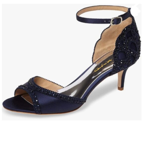 XYD Navy Open Toe Rhinestones Ankle Strap Sandals Low Heel Bridal Evening Shoes - Picture 1 of 8